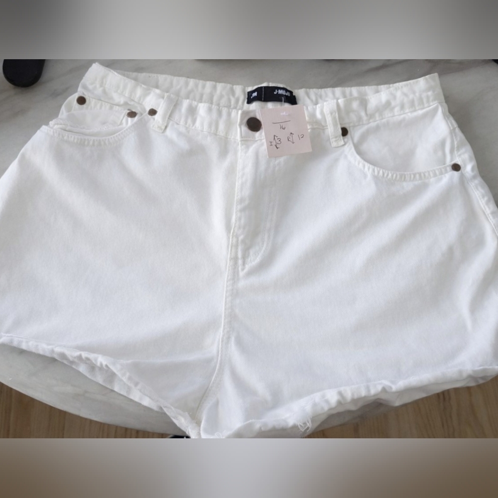 White Denim Cutoff Shorts Size 14 High Rise Raw Hem, Festival 100% Cotton #H5